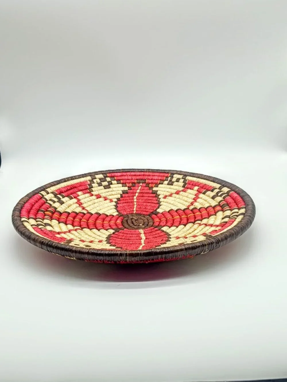 Hand-Woven Navajo Style Red Brown Cream Coiled Basket